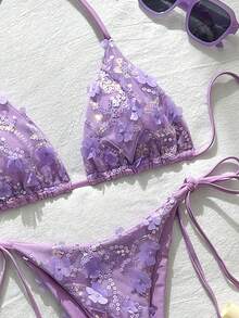 Costavie SHEIN Swim MOD 两件式花卉亮片纹理挂脖比基尼套装，蓝色，适合春夏海滩度假 - 紫色 - 查看 4