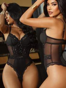 Seduluxe 1pc Standard Size Sexy Lace Trim & Mesh Sheer Bodysuit, Milk Silk Lingerie - Black - View 2