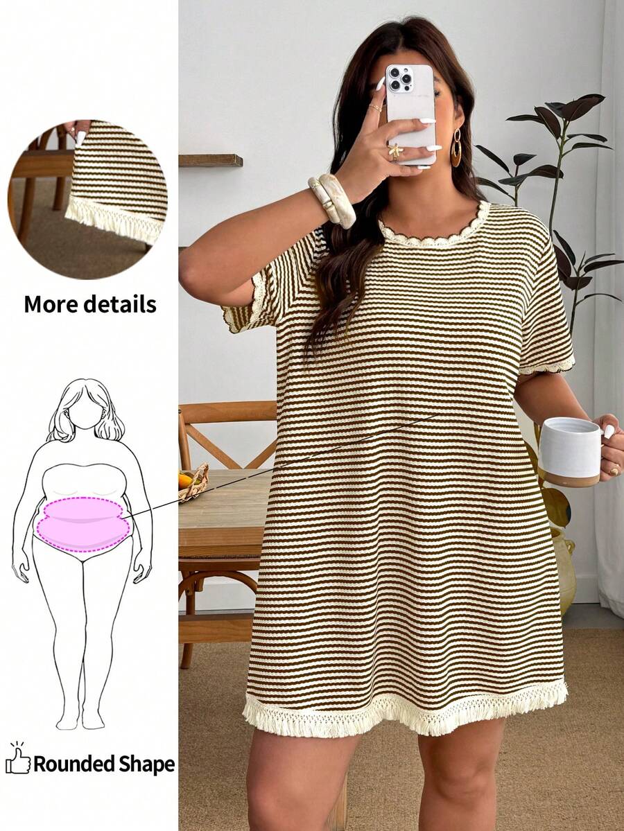 Enliva Đầm thun T-shirt nữ size lớn dáng rộng cổ tròn kẻ sọc phong cách casual, đầm đa năng cho kỳ nghỉ hè, phù hợp cho dáng người quả táo và dáng tròn - màu nâu - Xem 1