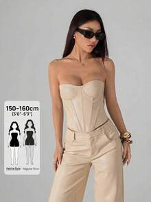 SHEIN PETITE 女款棕色時尚派對 PU 抹胸短版上衣，皮革束腰，適合夜店、夏季、萬聖節、聖誕節、新年，小碼女性 - 杏色 - 查看 9