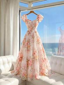 SHEIN Franclia 2026新款粉色碎花连衣裙，短袖方领伞裙，收腰设计，百搭沙滩度假休闲通勤女装 - 彩色 - 查看 3