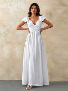 SHEIN Đầm maxi trắng thanh lịch – Cổ chữ V sâu, tay bồng, chân váy xòe. - trắng - Xem 4