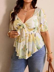 Elaquor Plus Size Elegant Floral Print Tie Front T-Shirt, Summer - Multicolor - View 4
