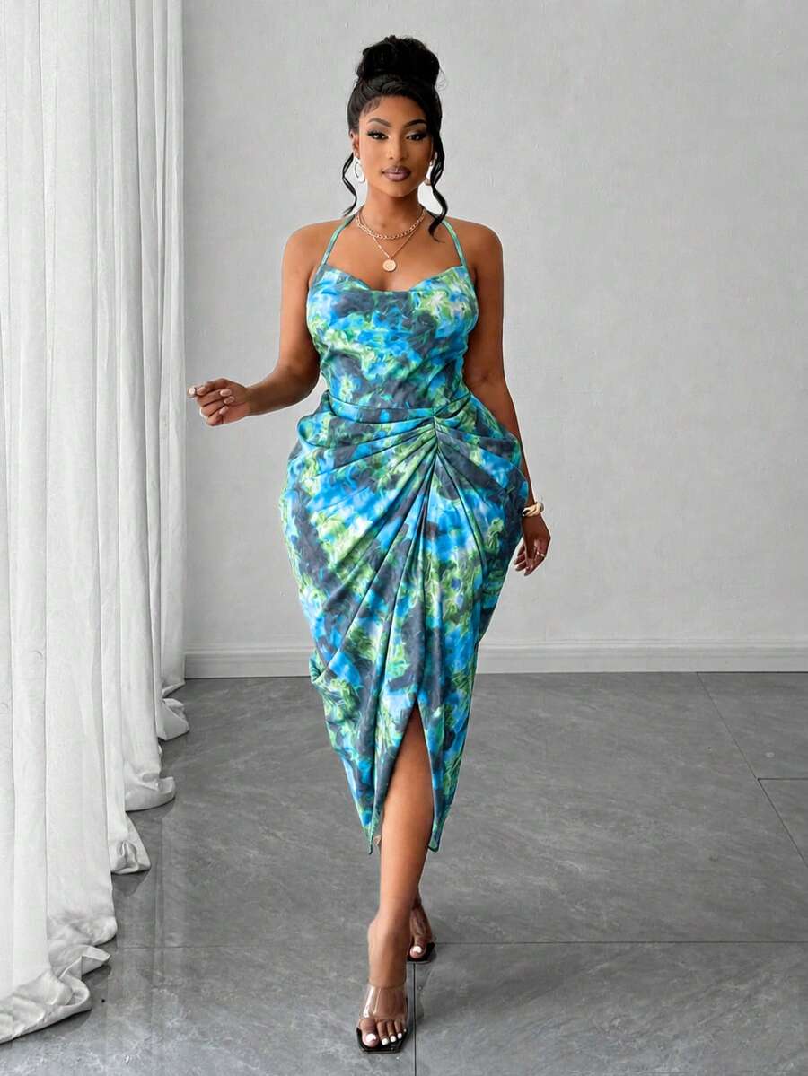 Maweii Plus Size Summer Fashion Tie-Dye Print Ruched Backless Halter Dress - Blue - View 1