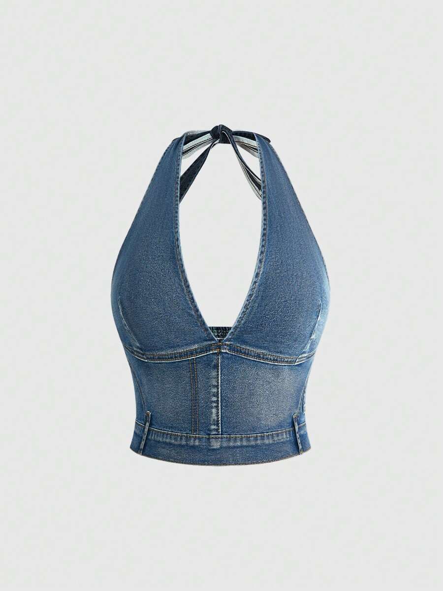 ROMWE Kawaii Plus Size Women Summer Halter Backless Tie Knot Denim Crop Top - Blue - View 1