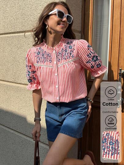Solivie Camicia casual da donna a righe e stampa floreale per vacanze