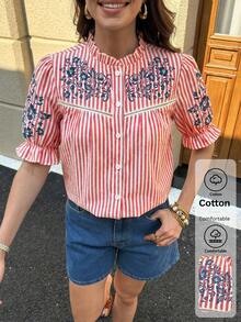 SHEIN Clasi 女士度假休闲条纹印花衬衫 - 紅白色 - 查看 7