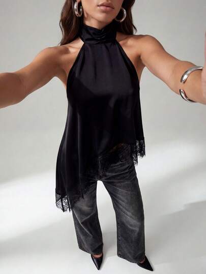 SHEIN Tall Top de camisola sin espalda con adorno de encaje elegante, blusa sin mangas de satén con parches sexy para fiestas, cócteles, ocasiones formales, Navidad, casual de negocios
