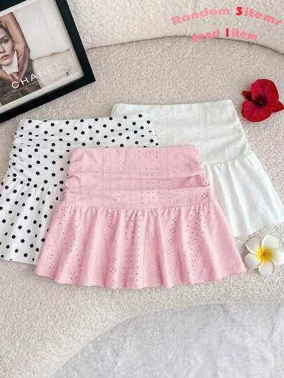 Falda mini acampanada de punto blanco, con textura acanalada y fruncida, versátil y casual para vacaciones, adecuada para todas las estaciones, para niñas preadolescentes