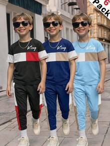 SHEIN 6 Stück/Set Jungen Casual Komfortable Vielseitige Farbblock Buchstaben Muster Rundhals Kurzarm T-Shirt und Hose Set - Verschiedenfarbig - Übersicht 9
