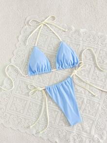 Swim Mod 2件/套 新款夏季純色性感露背掛脖綁帶女式泳衣套裝 - 淺藍色 - 查看 3
