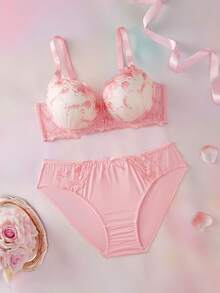 Elorette 2pcs Floral Embroidery 3/4 Cup Padded Push Up Bra Set, Supportive, Cute, Romantic, Comfortable, Plus Size Lingerie Set - Pink - View 6