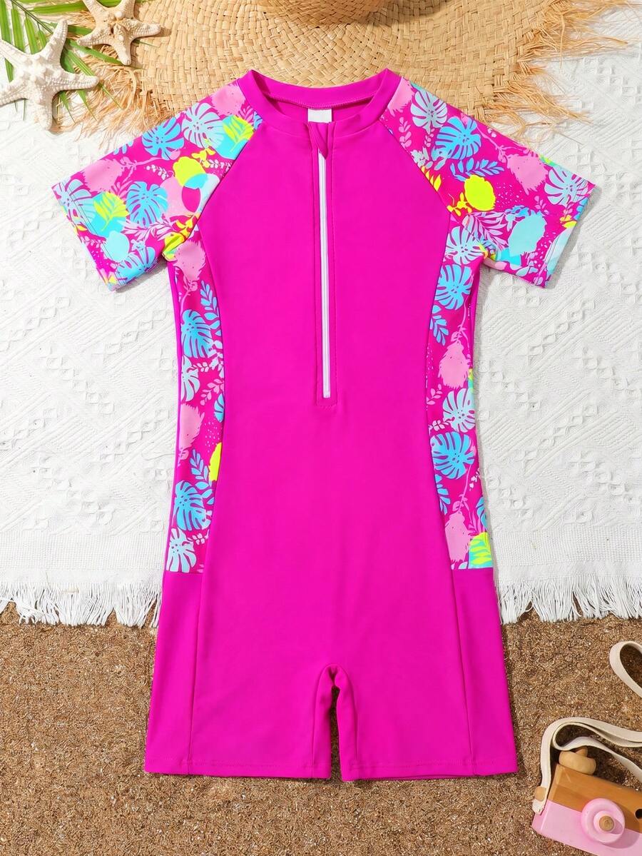 SHEIN Tween 女童热带植物印花肩部拉链半襟休闲连体泳衣(含短裤) - 玫紅色 - 查看 1