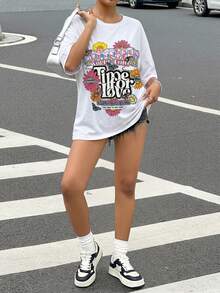 Women Crew Neck Short Sleeve Letter Print Simple T-Shirt, Casual Daily Wear - White - View 3
