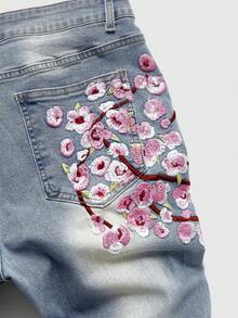 ROMWE MEN Quần jean denim nam xếp lớp, rách rưới, thêu hoa. - Màu xanh lam - Xem 5