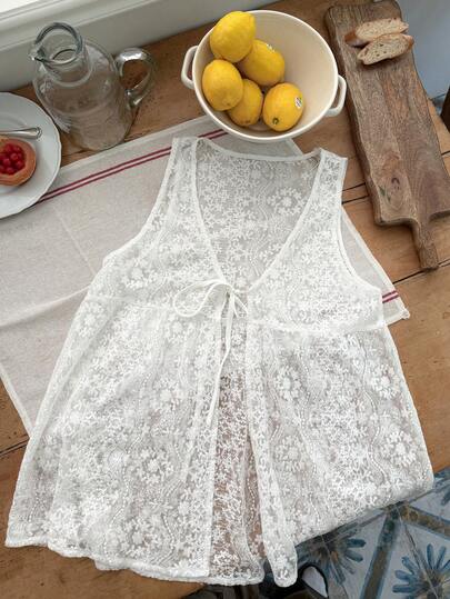 DAZY Lace Jacquard Loose V-Neck Sleeveless Casual Vacation Summer Women Vest Jacket