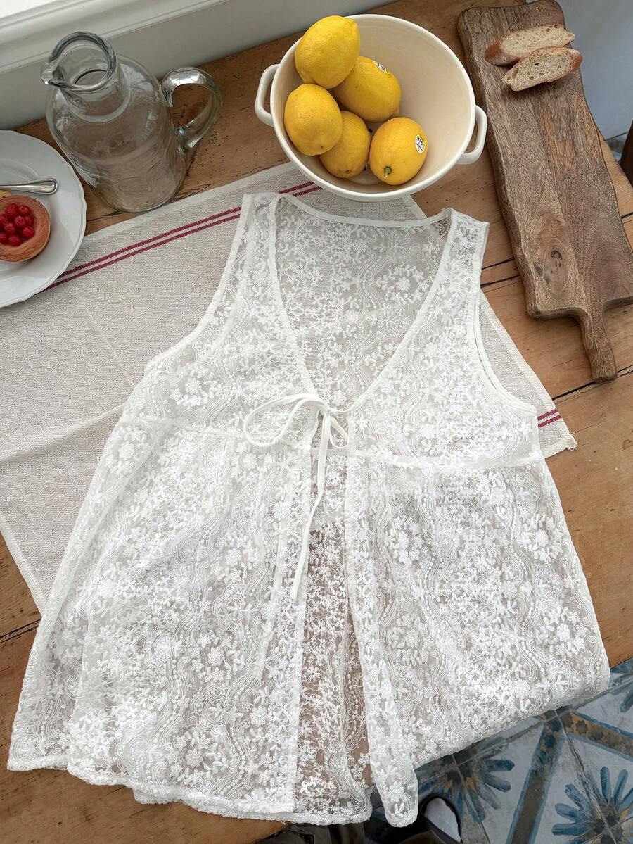 DAZY Áo khoác vest nữ mùa hè dáng rộng, không tay, cổ chữ V, chất liệu ren jacquard, kiểu dáng thường ngày, thích hợp cho kỳ nghỉ. - Màu be - Xem 1