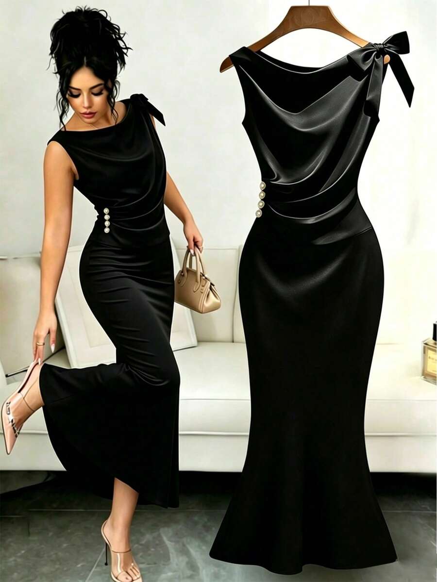 Elenzga Đầm satin dệt kim thanh lịch dành cho nữ, cổ chữ V xẻ sâu, không tay, điểm nhấn là nơ thắt vai, eo xếp ly, đính ngọc trai ánh kim, dài đến mắt cá chân, sang trọng và duyên dáng. - màu đen - Xem 1