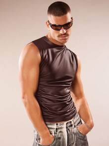 FeverCity Men's Solid Color Pleated Slim Fit Tank Top - Brown - View 3