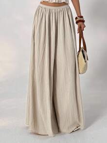 SHEIN Tall CURVE CURVE 大尺碼女款高個女孩米色秋季波希米亞風傳統希臘女神休閒優雅度假假日紋理寬鬆闊腿褲 - 杏色 - 查看 7