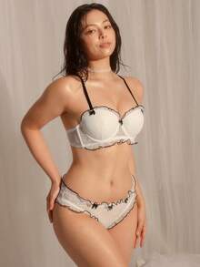 DelicateAllure 女士撞色蕾丝蝴蝶结装饰内衣套装 - 白色 - 查看 4