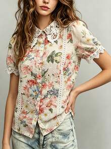 SHEIN Holidaya 新款春夏印花荷叶边短袖女式衬衫 - 彩色 - 查看 4