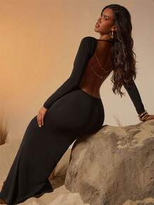 Hauture Women's Sexy Deep Neck Backless Long Sleeve Maxi Dress With Gold Sequin Chain Decor - Black - View 5