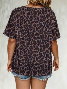 EMERY ROSE Plus Size Leopard Print Drawstring Short Sleeve T-Shirt, Plus Size Tee For Summer - Multicolor - View 2