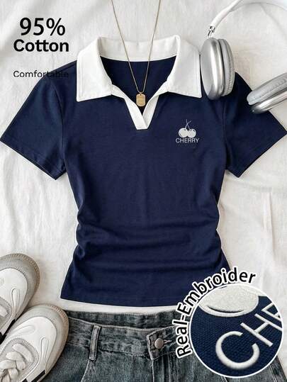 Divinelle Casual Minimalist Style College POLO Collar Real White Cherry Embroidery Pattern Women T-Shirt, Suitable For Spring And Summer