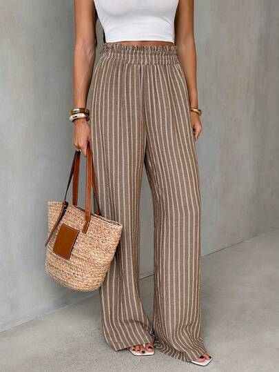 SHEIN Tall بنطلون نسائي كاجوال للعطلات ذو قاعدة بنية مع خطوط بيضاء، بنطلون ذو خصر عالي مع خطوط رأسية مخسسة ذو ساق واسعة، بنطلون نسائي مريح مستقيم الساق، بنطلون صيفي ذو ساق واسعة، بنطلون مخطط، بنطلون للعطلات النسائية، بنطلون بوهيمي للنساء، ملابس عطلات صيفية، ملابس عطلات للنساء، ملابس صيفية للنساء، من الربيع إلى الصيف
