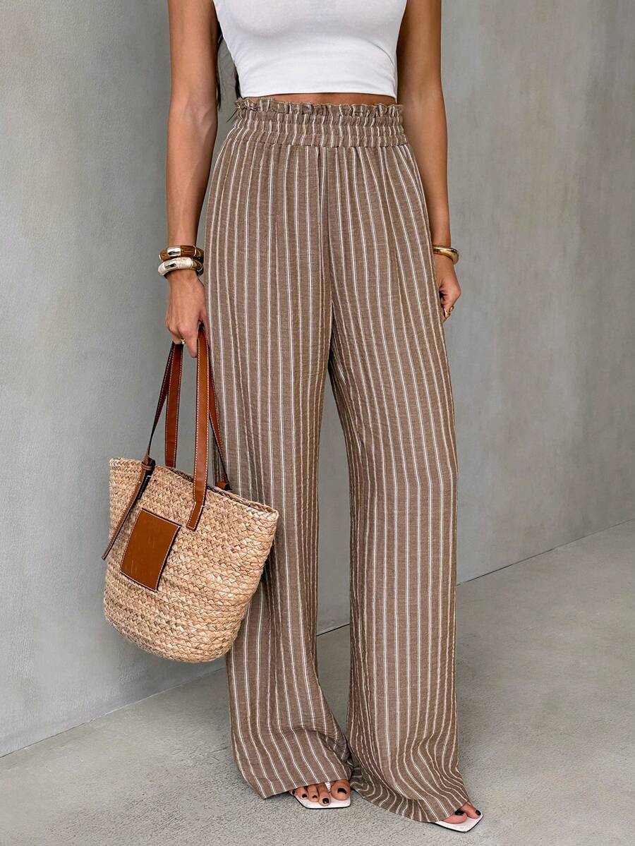 SHEIN Tall Quần dài nữ màu nâu kẻ sọc trắng, quần ống rộng cạp cao kẻ sọc dọc ôm dáng, quần ống đứng thoải mái dáng suông, quần ống rộng mùa hè, quần kẻ sọc, quần đi nghỉ mát cho nữ, quần phong cách boho cho nữ, trang phục đi nghỉ hè, trang phục đi nghỉ cho nữ, trang phục mùa hè cho nữ, từ xuân đến hè. - Màu be - Xem 1