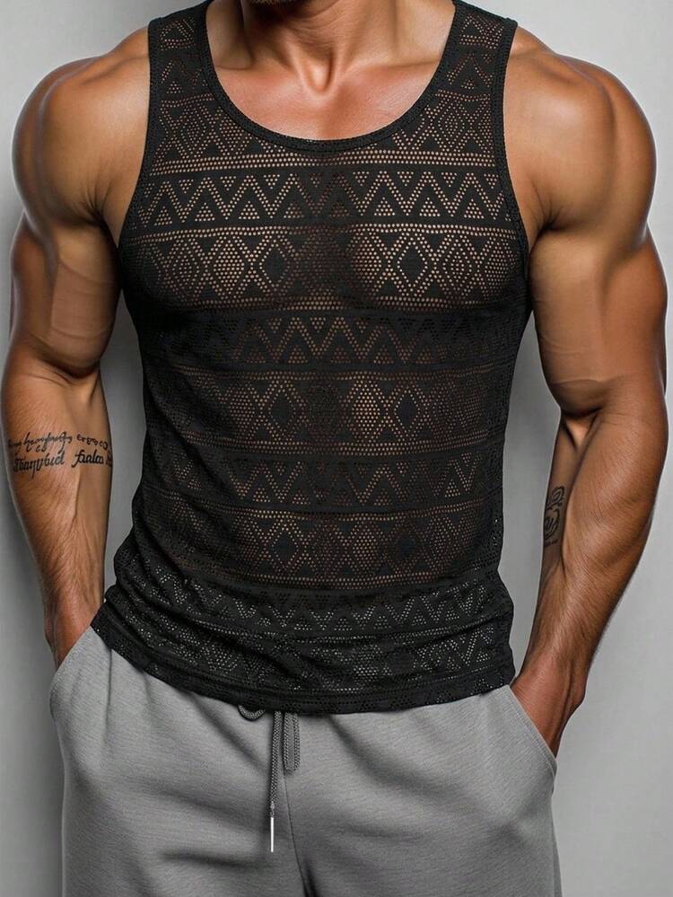 Men's Summer Beach Vacation Solid Color Mesh Hollow Knit Tank Top