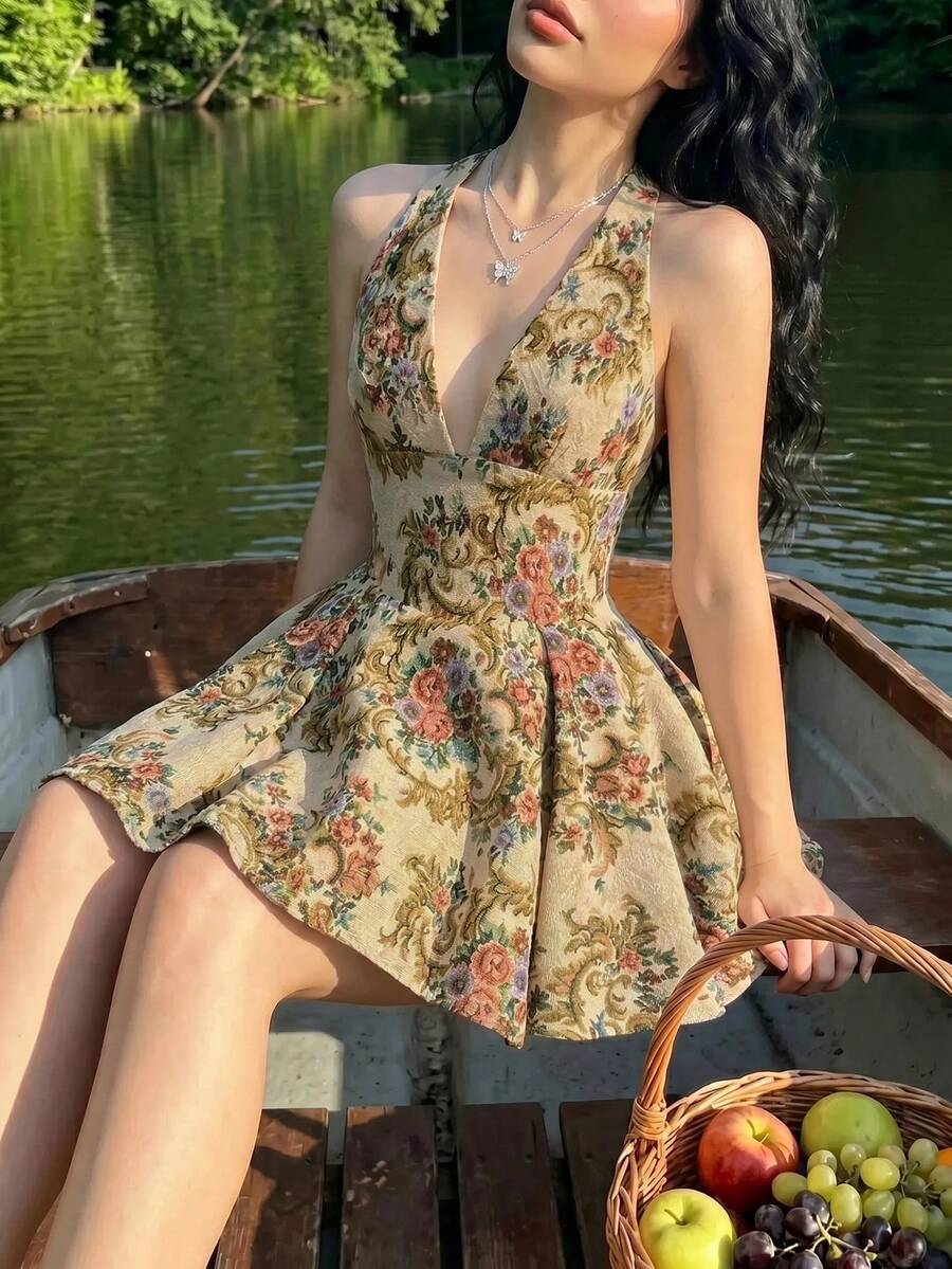 Sweetina Vintage Oil Painting Pattern V-Neck Flared Mini Dress - Apricot - View 1