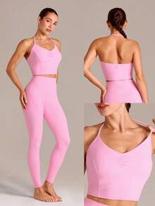 GLOWMODE FeatherFit™ Breathable Lightweight Ruched Front Princess Seams Adjustable Halter Crop Tank With Removable Anti-Slip Cups Summer Yoga Studio Barre Pilates Workout Gym Wear - Sugar Pink - View 10