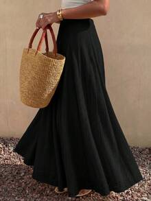 Mulvari Women's Black Romantic Elegant Flare Skirt, Spring/Summer , Festival Holiday - Black - View 5