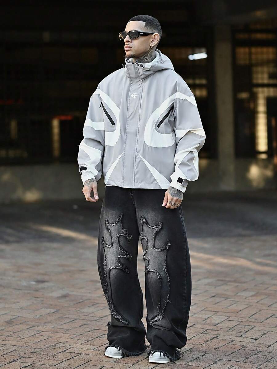 Devon Thys Chaqueta con capucha de manga larga con diseño de patchwork de colores contrastantes para hombre, cortavientos ligero de estilo Y2K Techwear - Gris - Ver 1