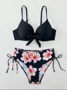 2件組 Swim Lushoire 成熟時尚性感泳裝套裝，純色繫帶泳裝上衣搭配植物印花短褲，夏季海灘度假適用 - 黑色 - 查看 5