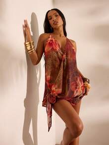 Opulessa Spring/Summer Vacation Chiffon Printed Halter Backless Mini Dress For Women - Rust Brown - View 7