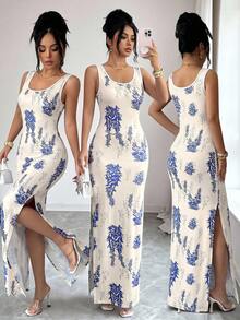 SHEIN Elenzya Exquisite Printed Chinoiserie Waist-Cinching Slit Luxurious Retro Middle Eastern UAE Style Robe, Tight Fit, Multi-Color, Sleeveless - Baby Blue - View 8