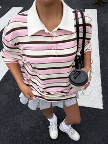 Muchica T-shirt à rayures rose et marron, top en maille à manches courtes coupe ample décontractée style preppy pour la rentrée scolaire, t-shirt streetwear sportif Y2K doux et confortable, vêtement polyvalent pour le quotidien, top polo oversize mignon pour la rentrée, les voyages et l'extérieur, chemise rétro à col décontractée, style campus, pour l'école en été et la rentrée scolaire - Rose bonbon - Voir 5