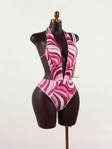 SaltGleam SaltGleam Women's Colorblock Halter Neck Sexy Versatile Bodysuit For Dates & Outings - Multicolor - View 4