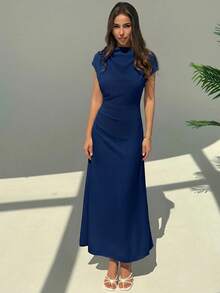 Aloruh 新款不对称修身通勤优雅简约长连衣裙，女士款 - 藏蓝色 - 查看 5