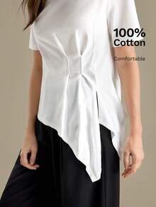 Ontre Women's Comfortable White Summer Basic T-Shirt, Asymmetric Design Waist Pleated Round Neck Short Sleeve Office Wear Golf Occasion Business Top - White - View 2