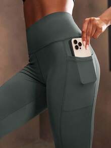 Powerista Mallas deportivas con bolsillo para teléfono y cintura ancha para mujer - Gris - Ver 6