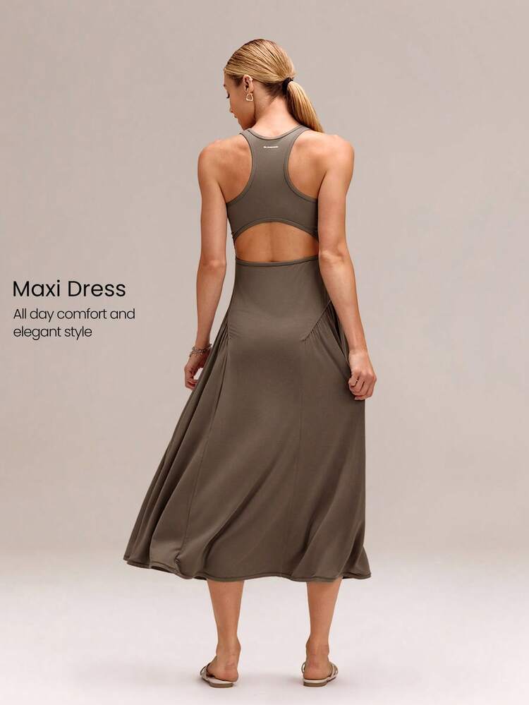SoftCalm Modal Crewneck Cutout Flowy Wide Hem Racerback Maxi Dress With Removable Cups Daily Casual Summer Wear