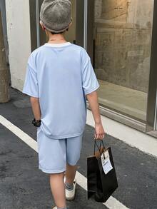 Kids Boy Casual Sporty Contrast Color Patchwork Short Sleeve Crew Neck T-Shirt And Shorts Set,White,Summer,Career Day,Back-To-School Tracksuit,Y2K Set - Multicolor - View 5
