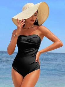 Breezaya Traje de baño de una pieza con bandeau fruncido para playa de verano y vacaciones - Negro - Ver 4