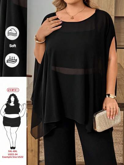 SHEIN CURVE+ Plus Size Elegant Party Solid Color Transparent Open Top Plus Size Black Top Plus Size Transparent Top Spring Women's Top, Plus Size Women's Loose Top
