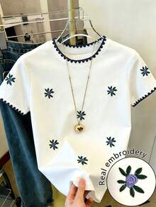 Resyla Casual Floral Embroidery Contrast Trim T-Shirt, Summer - White - View 1