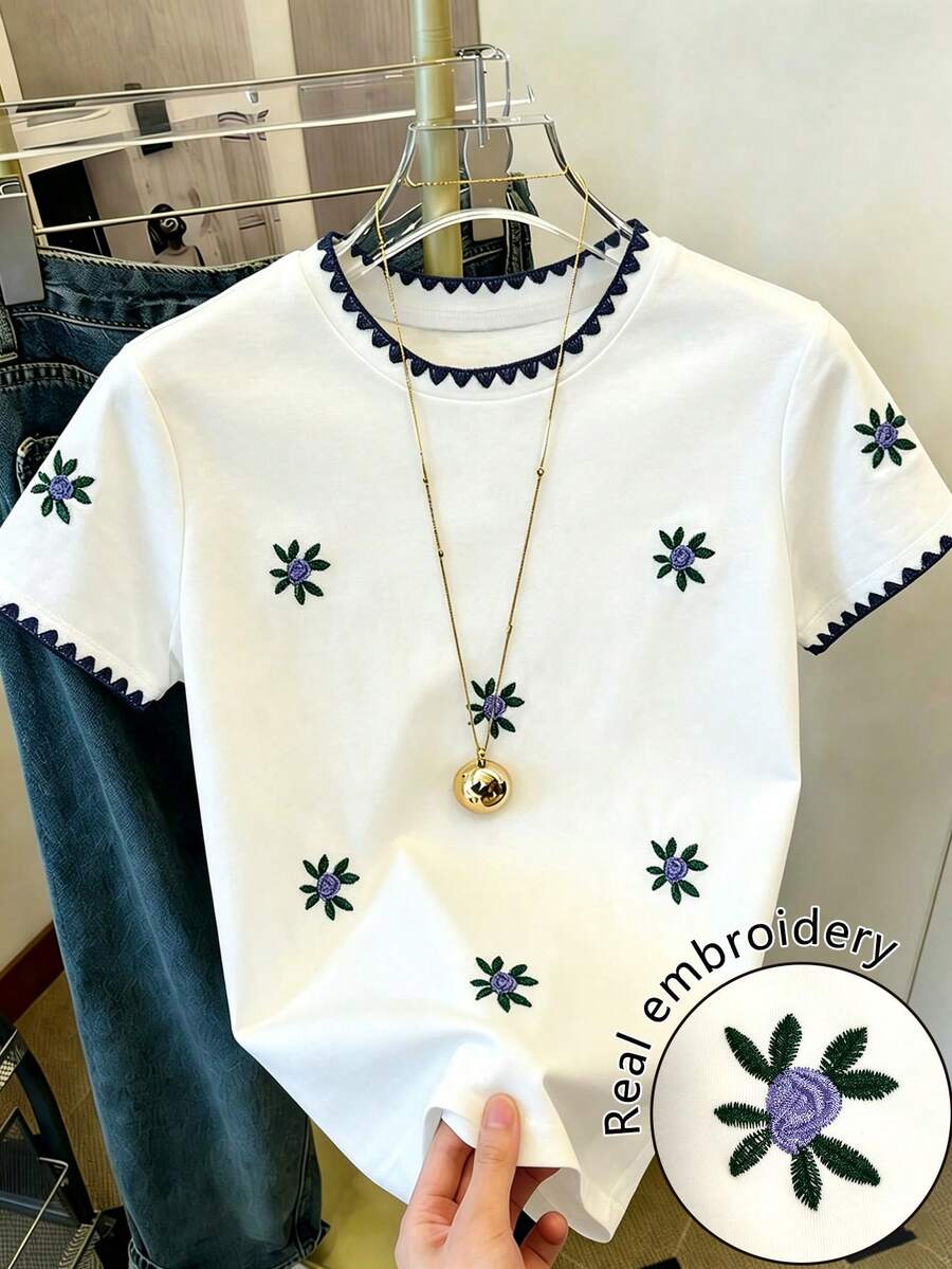 Resyla Casual Floral Embroidery Contrast Trim T-Shirt, Summer - White - View 1